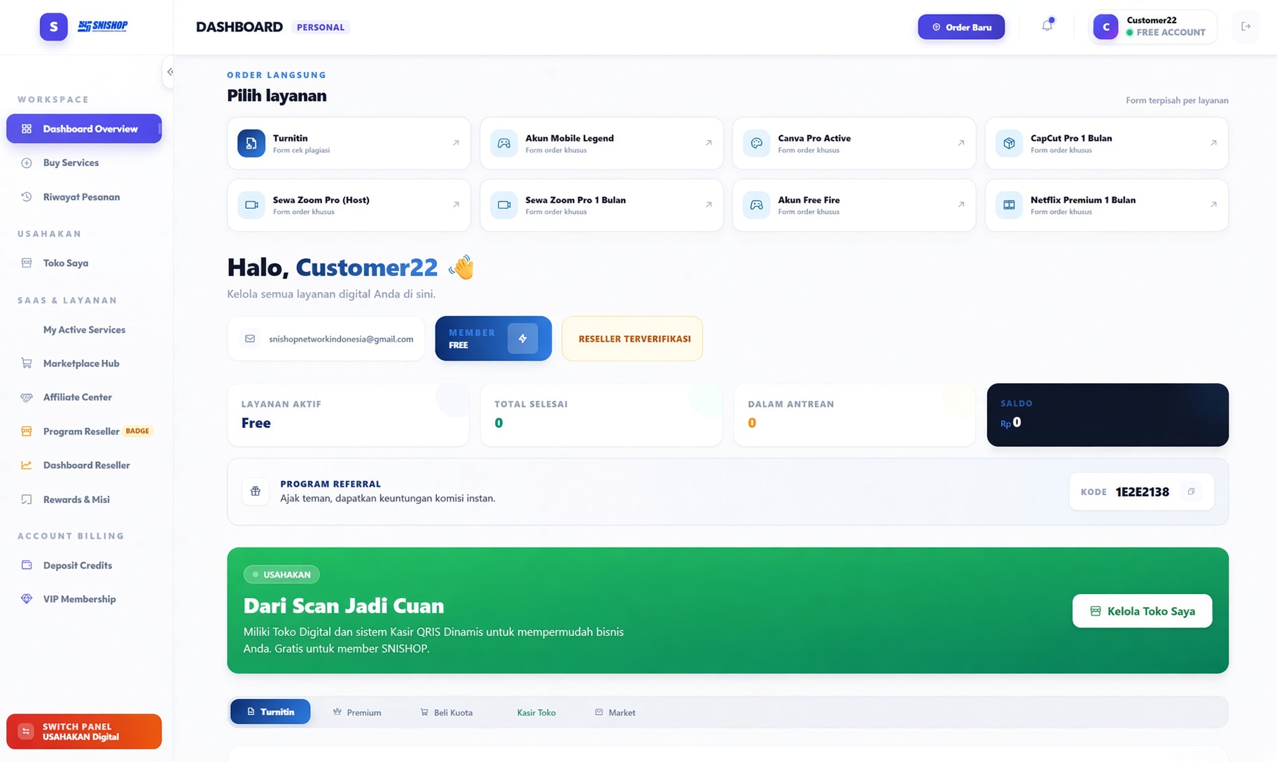 SNISHOP Dashboard Reseller — Pusat kendali produk digital & mitra
